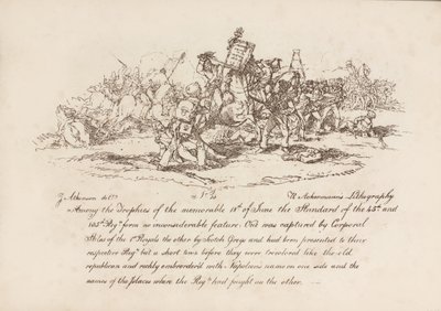 Corporal Stiles of the 1st Royals, and the Scotchy Greys Capturing the Standards of the 45th and 105th Regiments at the Battle of Waterloo, June 18th 1815, Lithograph by R. Ackermann, 1815 by John Augustus Atkinson